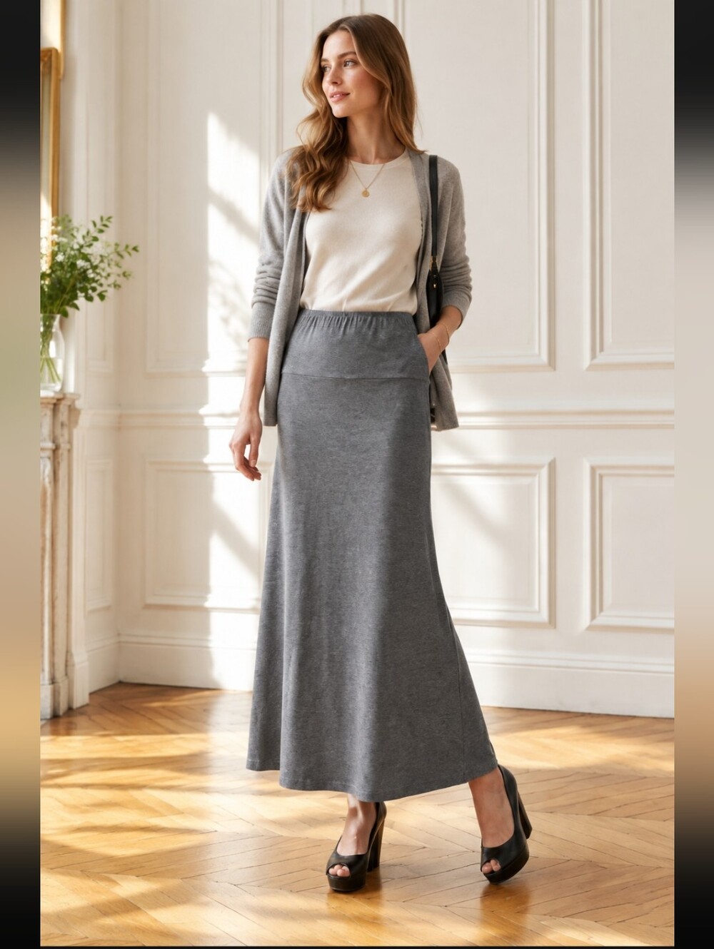 24Seven Comfort Stretch Maxi Skirt - Dark Gray A-Line Stretch Knit Size Large